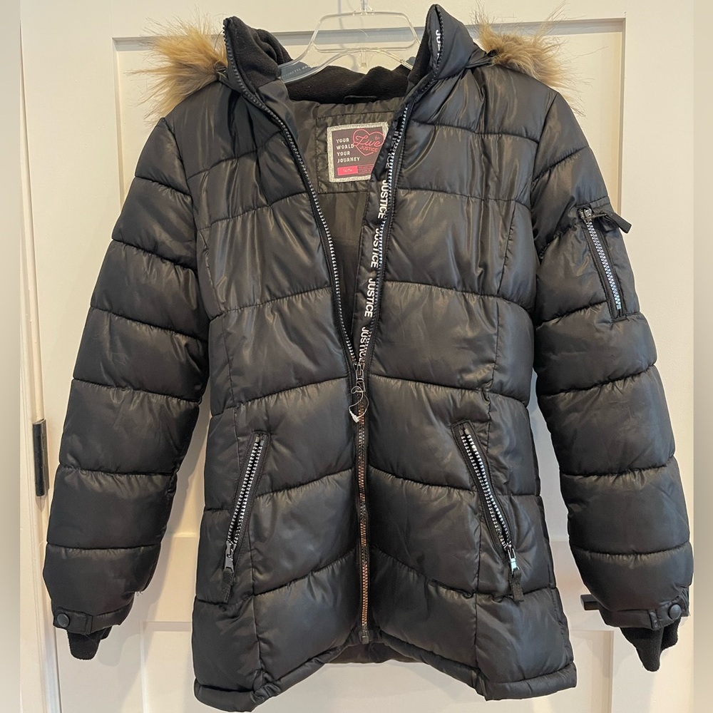 Justice Girl  Black Jacket with Faux Fur Hood